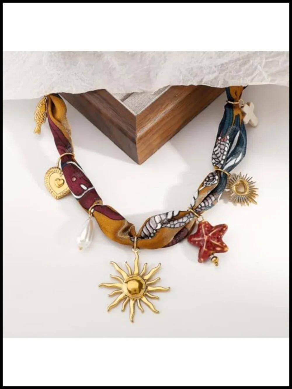 Fabric Scarf Necklace with Sun Shell Butterfly Flower Charms